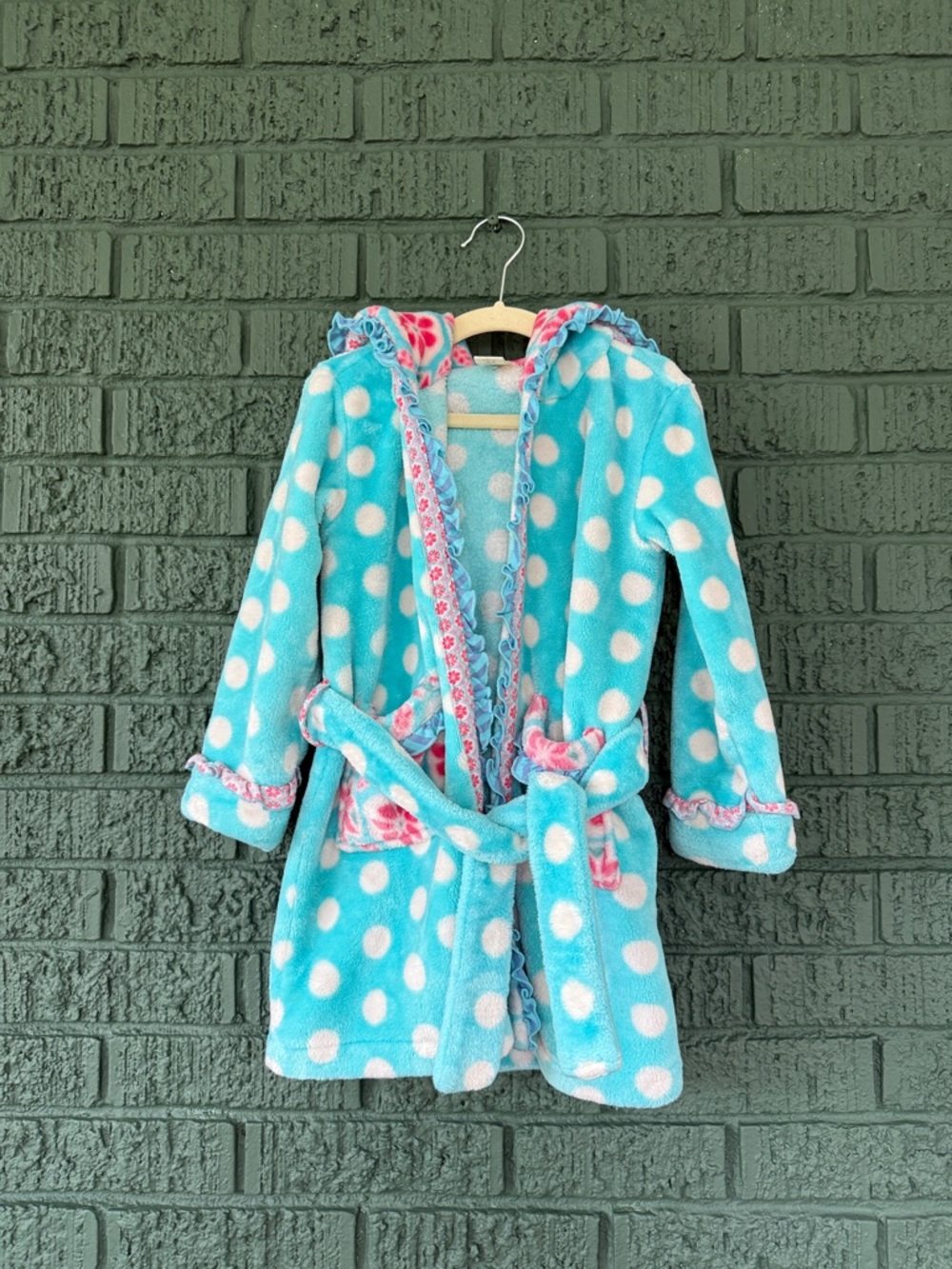 Matilda Jane Aqua Polka Dot Hooded Plush Robe with Pink Trim